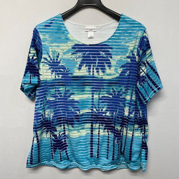 Rebecca Malone Women Liquid Knit Blouse Top Shirt Size 1X Beach Palm Tree M269 2 - Picture 1 of 14
